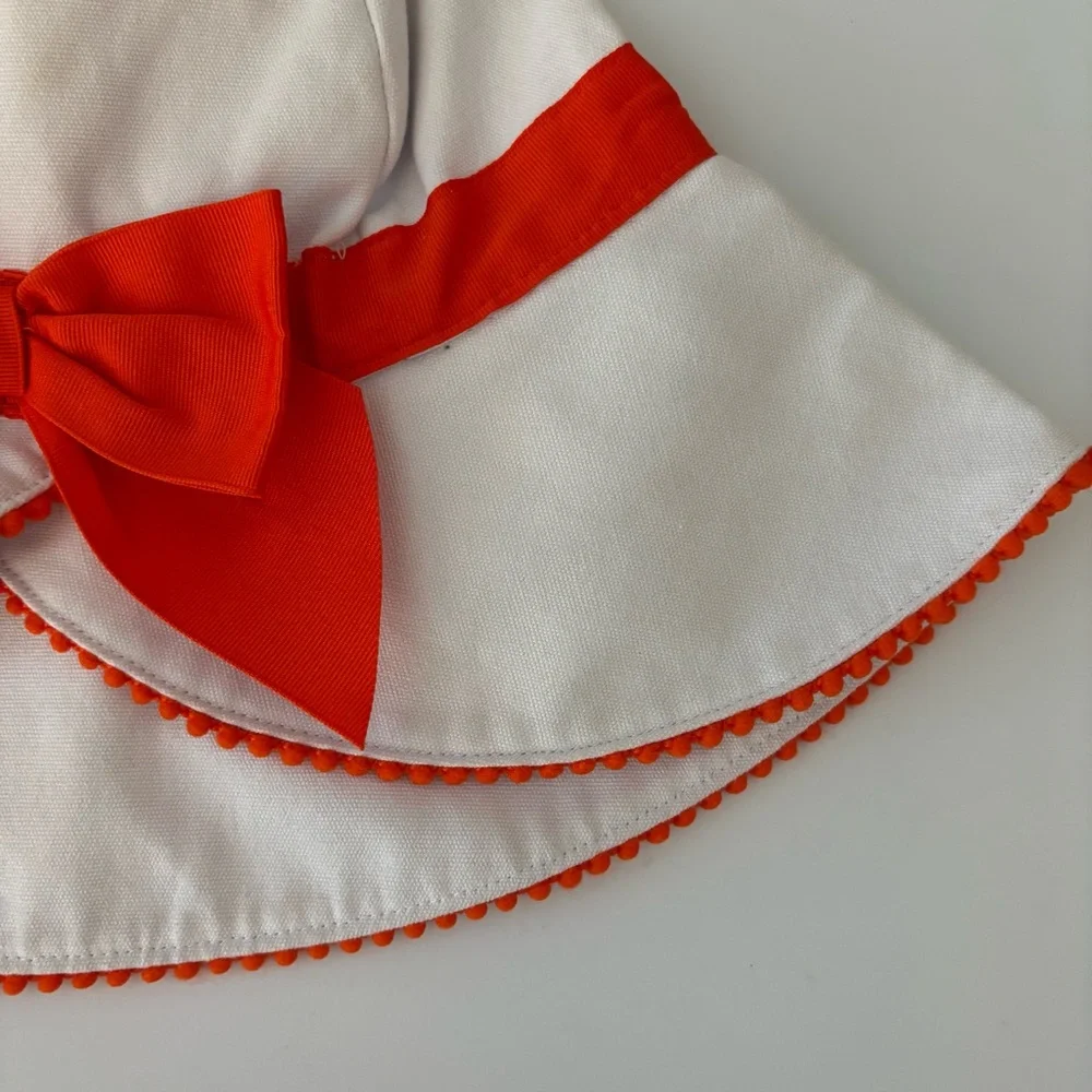 Janie and Jack white sunhat with orange bow and pom trim size 6-8